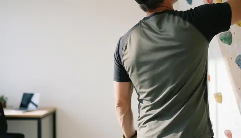 Rock climbing coach on a training wall wearing technical gear with natural light and space for text on the left