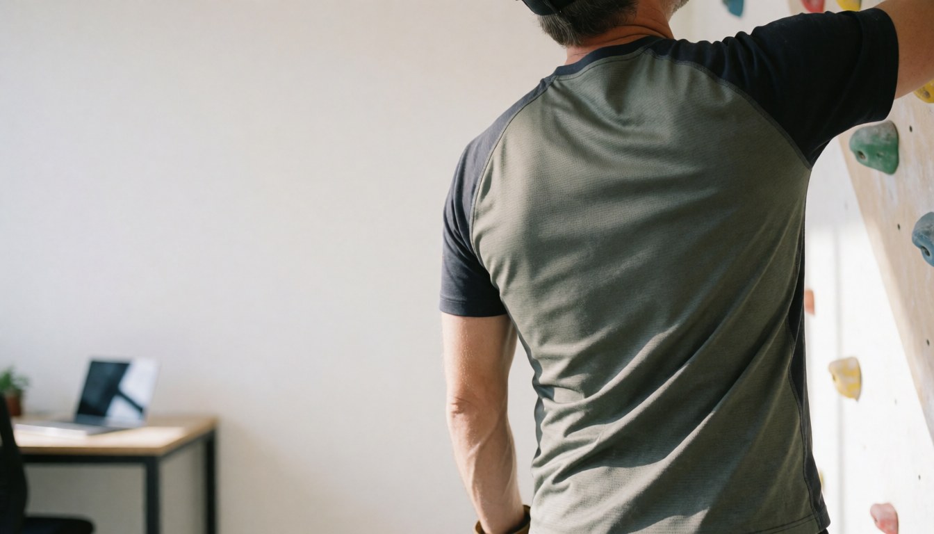 Rock climbing coach on a training wall wearing technical gear with natural light and space for text on the left