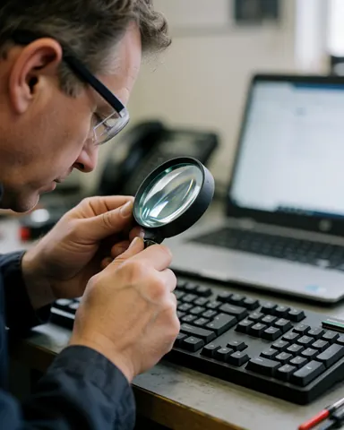A technician uses a magnifying glass to closely inspect a computer keyboard during a repair service.