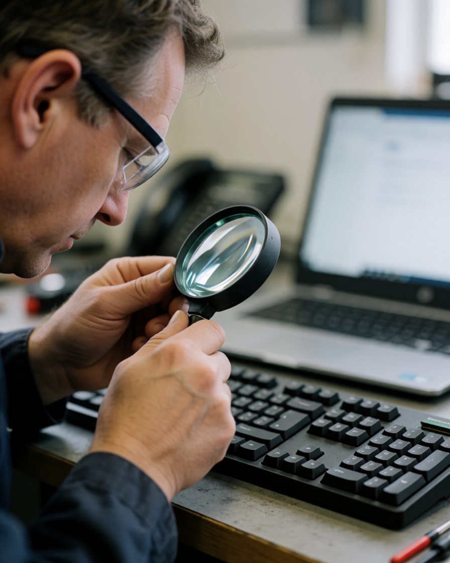 A technician uses a magnifying glass to closely inspect a computer keyboard during a repair service.