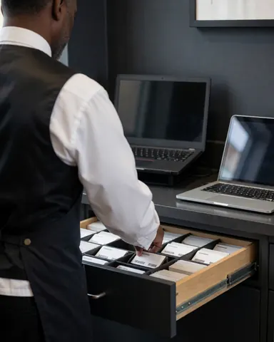 A professional worker organizes access cards in a storage box within a modern parking facility, with laptops and gray walls visible in the background.