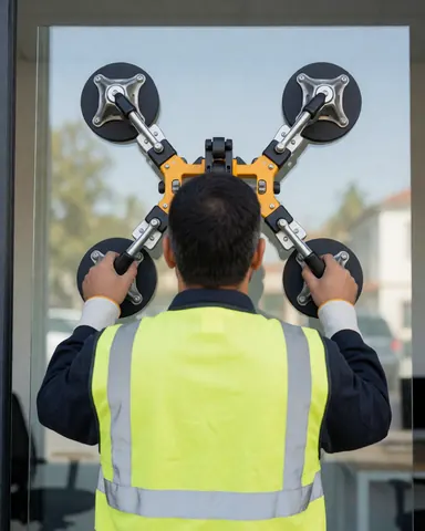 Worker in safety vest installs tempered glass panel using a four-suction cup blower on a tennis court