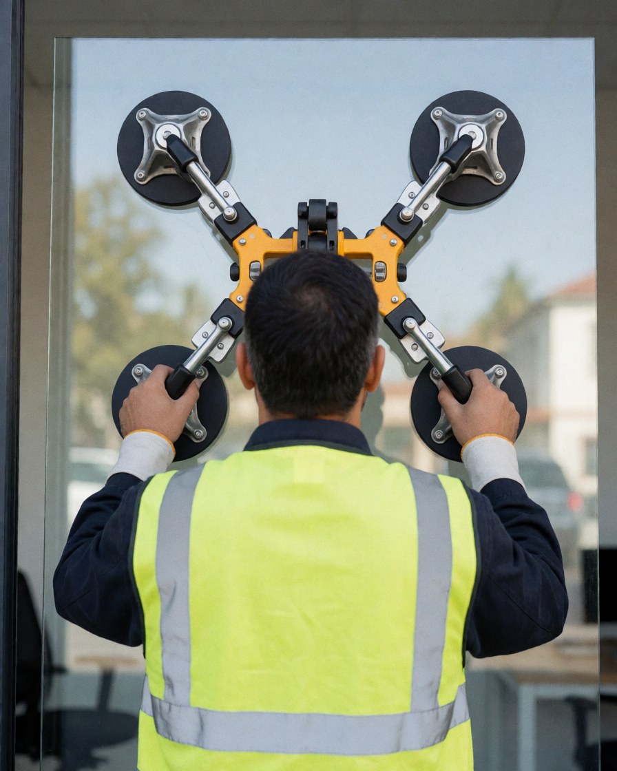 Worker in safety vest installs tempered glass panel using a four-suction cup blower on a tennis court