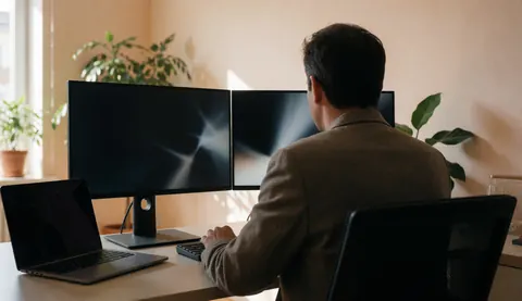 Back view of a professional working at a desk with two monitors in a modern office featuring plants and natural light