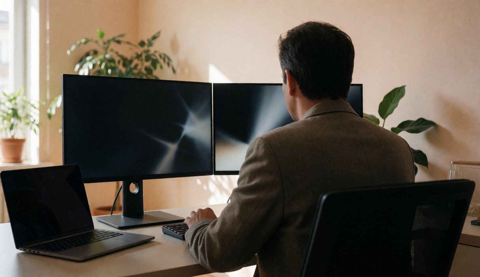 Back view of a professional working at a desk with two monitors in a modern office featuring plants and natural light