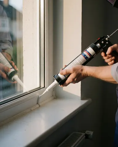 Close-up of a hand using a caulking gun to apply white sealant to a window frame against a light gray wall with natural lighting.
