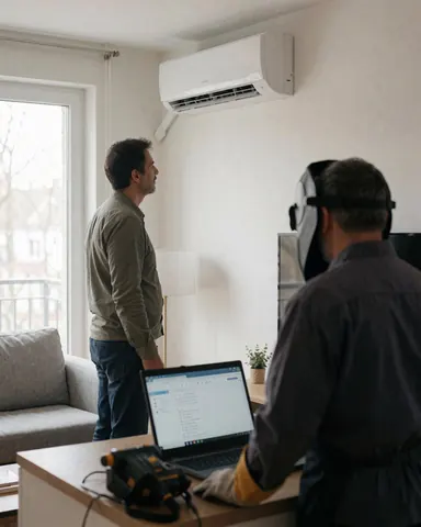 Appliance repair technician checking an air conditioning system in a modern living room using a laptop and tools.