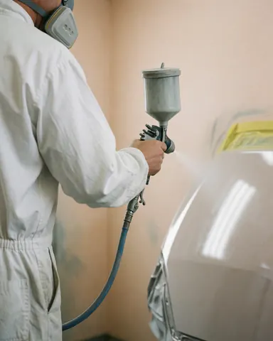 Technician in white suit applying paint with spray gun on car in workshop with beige walls and reflected light on surface