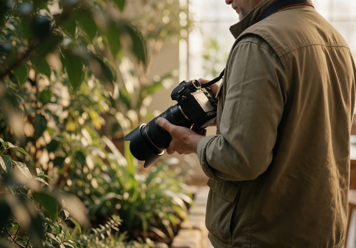 Professional macro photographer holding a camera in a garden setting with warm light and blurred foliage in the foreground.