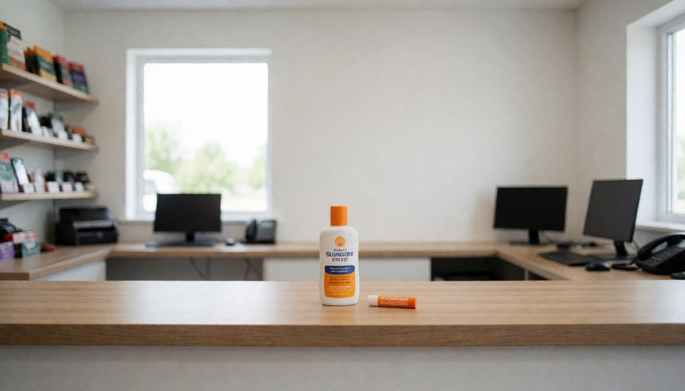 Sun protection products displayed at a golf course reception area featuring modern furniture and windows with natural light
