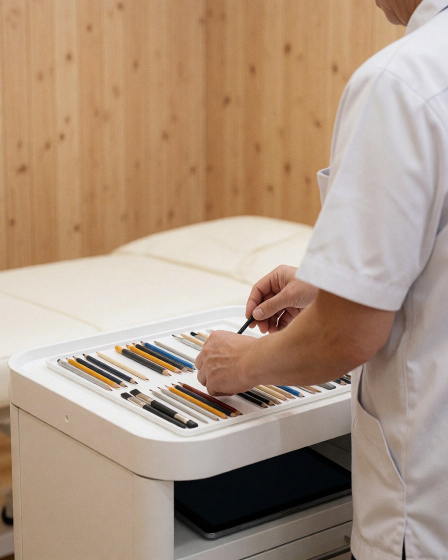 A microblading technician organizes brushes in a clean clinic with light wood walls and treatment beds.