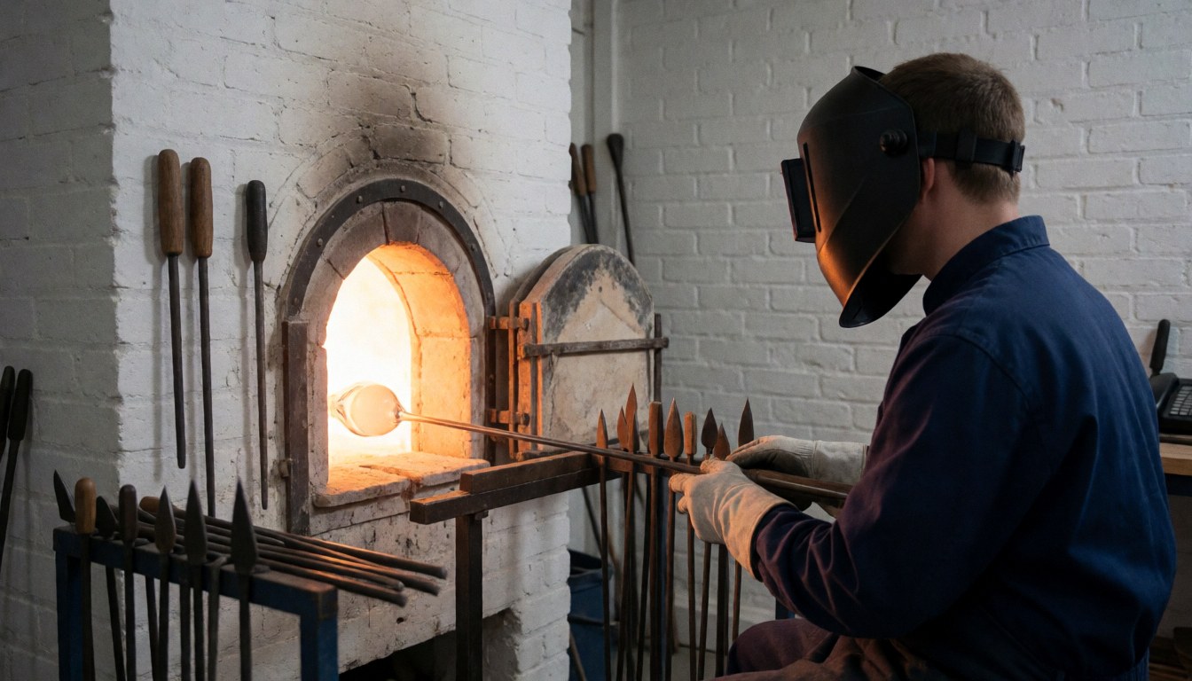 Glassblower wearing protective helmet working at glass furnace with tools hanging on white brick wall