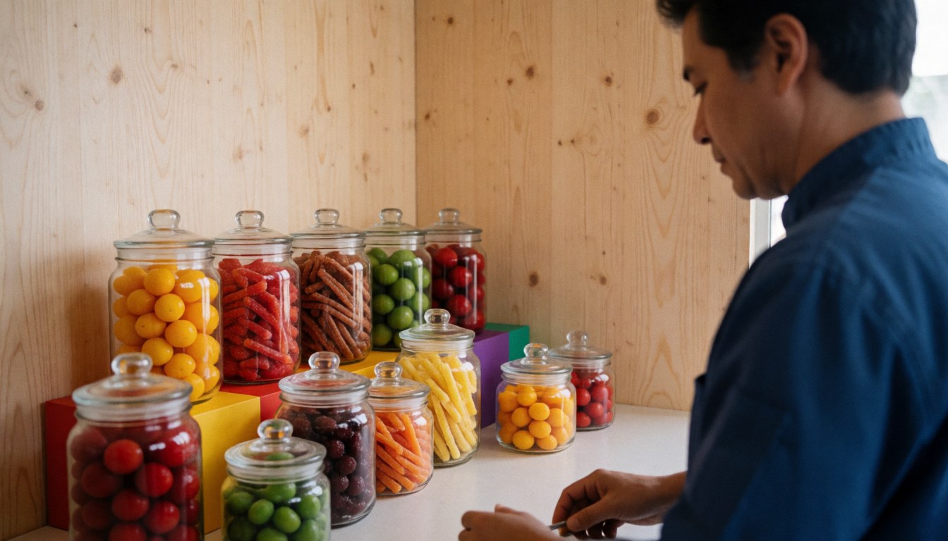 Back view of a worker organizing colorful candies in glass jars on a white table with light wood walls