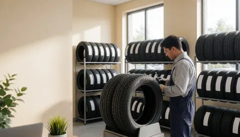A professional mechanic inspects a tire in a well-lit workshop with new tire racks and beige walls.