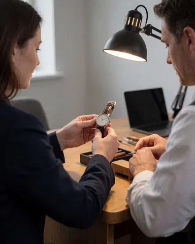 A watchmaker and client examine a wristwatch under a desk lamp on a wooden table with tools visible in the workshop.