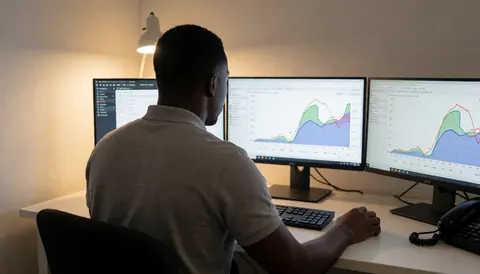 Cycling coach reviewing power curve data on multiple monitors at a tidy desk with warm lighting