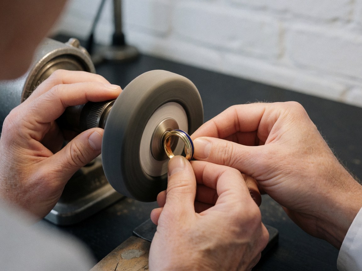 Close-up of hands using a polishing machine on a gold ring, set against a dark surface and white brick wall with practical lighting