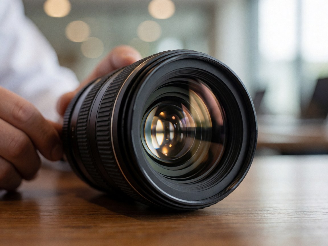 Close-up of a professional camera lens on a wooden table with hands adjusting the focus, featuring a blurred bokeh background ideal for videographers.