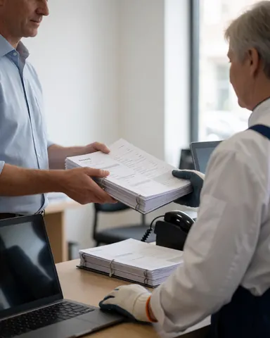 A satisfied client collects printed materials from a professional print service counter in a bright office setting