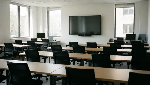 Empty classroom with wooden desks, black chairs, and a large wall-mounted screen, ideal for coding courses