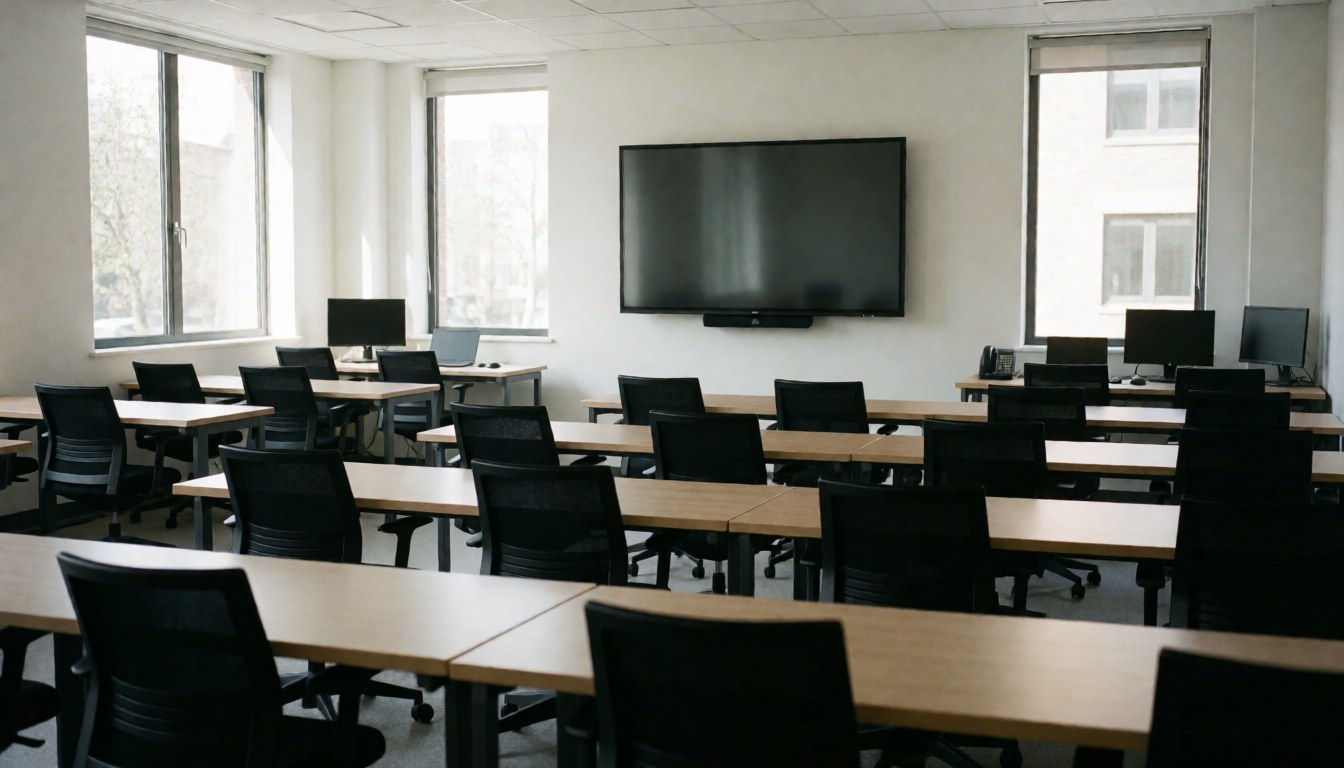 Empty classroom with wooden desks, black chairs, and a large wall-mounted screen, ideal for coding courses