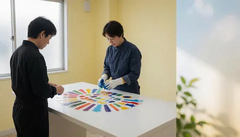 Two professionals wearing gloves cut colorful stickers on a white table under natural light in a room with light yellow walls