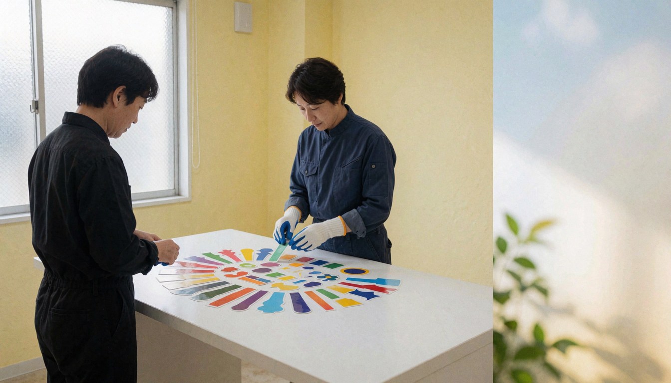 Two professionals wearing gloves cut colorful stickers on a white table under natural light in a room with light yellow walls