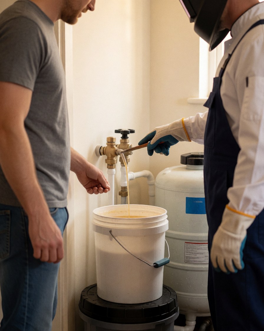 A plumber wearing gloves displays sediment collected in a bucket to a client, with a water tank visible in the background.