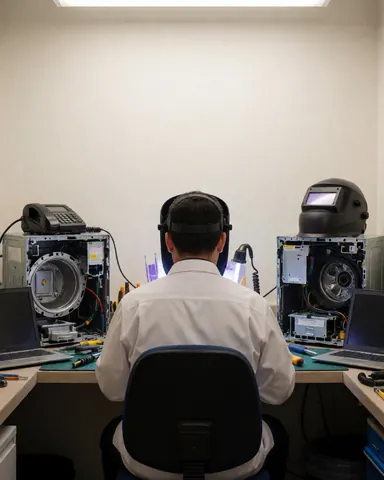Appliance repair technician working with tools and welding masks in a well-lit workshop