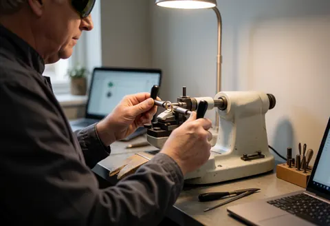 A jeweler wearing safety glasses adjusts a ring using a cutting machine in a workshop with tools and a laptop.
