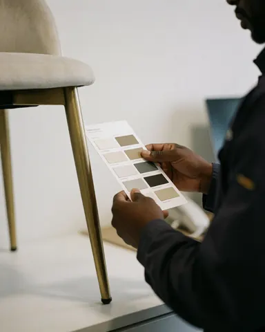 A hand holding a color swatch while choosing a golden chair in a furniture store with a white background