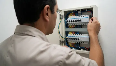 Technician installing an electrical panel with colored wires on a white wall during a pool service installation