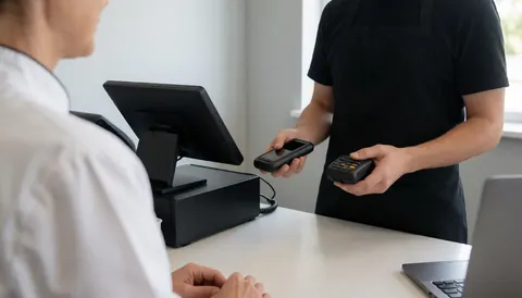 Cashier wearing a black hat attending to a customer at a service counter with a cash register and payment terminal.