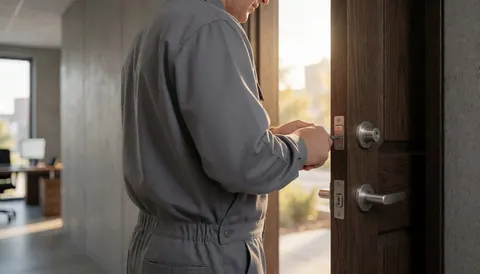 A locksmith installs a high-security lock on a dark wooden door in an interior setting with natural light and concrete walls.