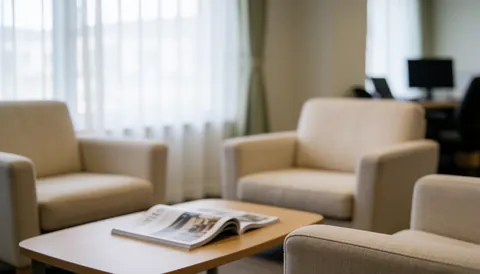 Beige chairs in a waiting room with a coffee table, magazine, and soft natural light, ideal for text background