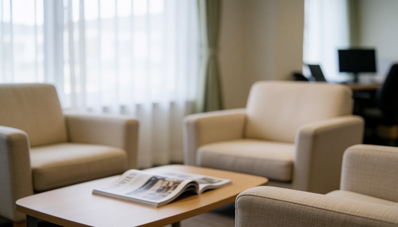 Beige chairs in a waiting room with a coffee table, magazine, and soft natural light, ideal for text background