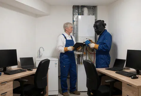 A technician in a blue vest inspects a new boiler while another worker in a welding helmet assists with the installation in a clean room.
