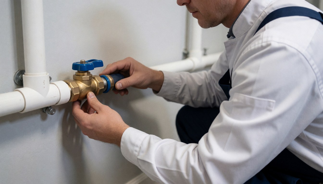 A plumber installs a bronze valve with a blue handle onto PVC pipes in a basement, demonstrating pipe repair services.