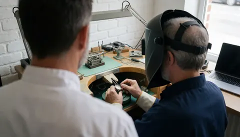 Watchmaker in helmet repairing a watch on a workbench with tools, white brick wall, and work light