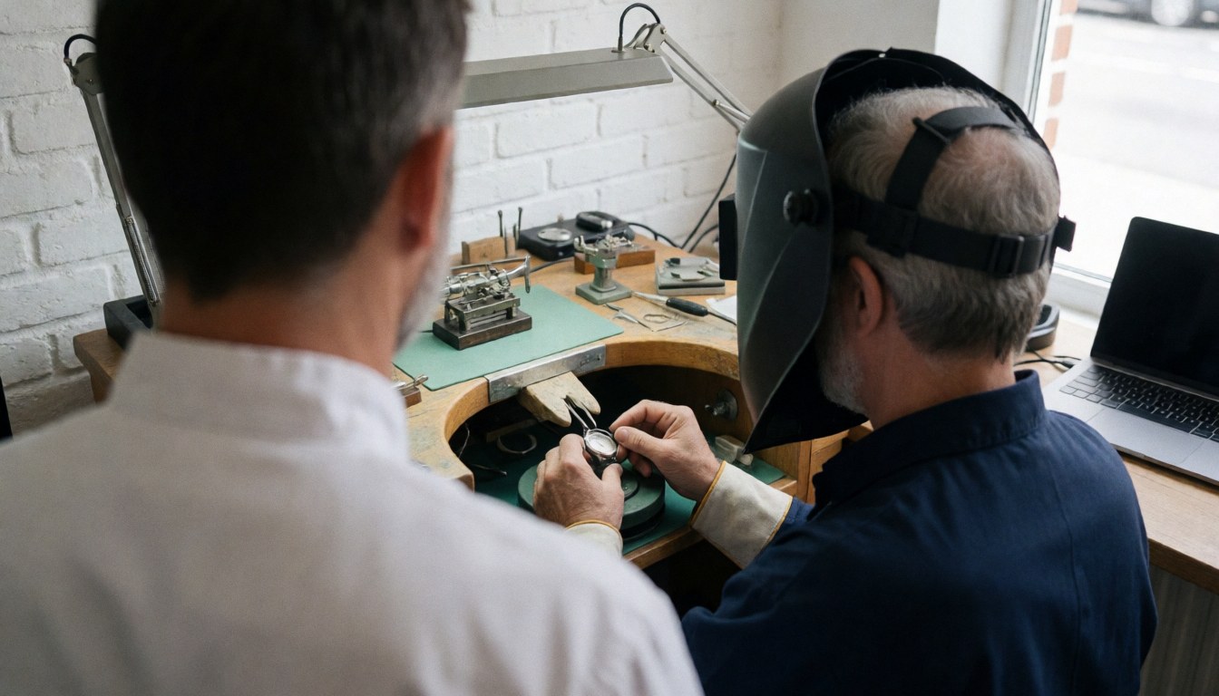 Watchmaker in helmet repairing a watch on a workbench with tools, white brick wall, and work light