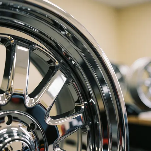 Close-up of a shiny chrome rim with light reflections in a workshop, blurred background with other rims, ideal for tire repair business.
