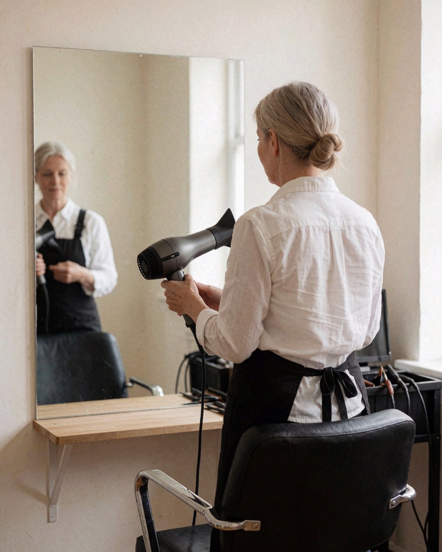 A hair stylist using a hair dryer in a salon with a mirror and chair, light walls, professional scene