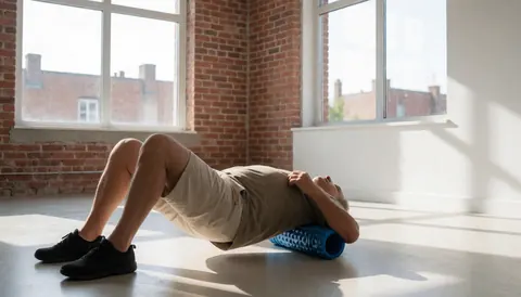 An older man uses a blue foam roller on his back in a studio with red brick walls and large windows letting in natural light.