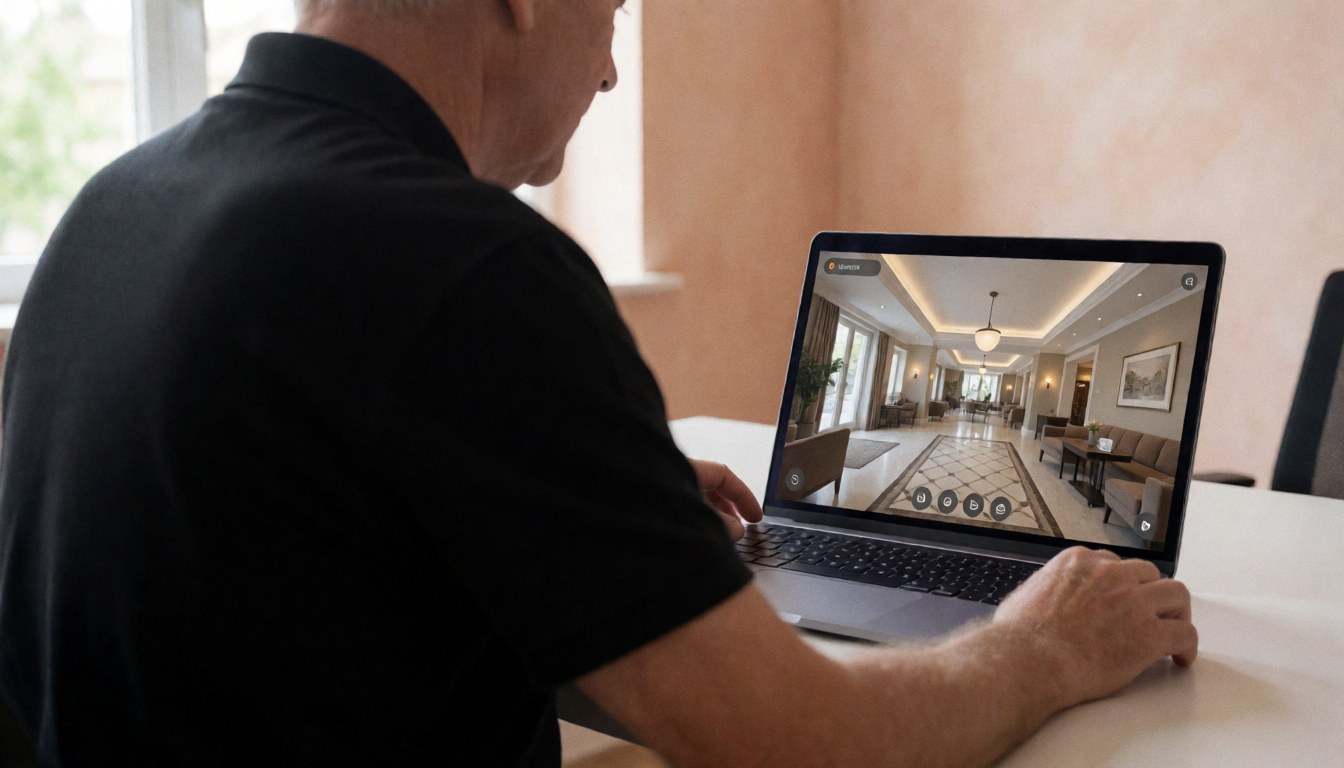A photographer reviews a 360 virtual tour on a laptop in a room with terracotta plaster walls and natural light.