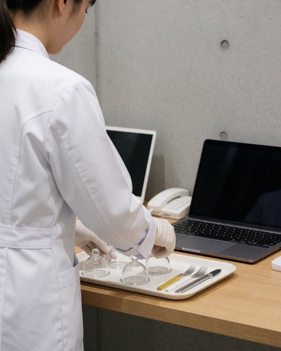 Therapist preparing ice globes and tools for acne treatment on a concrete wall background