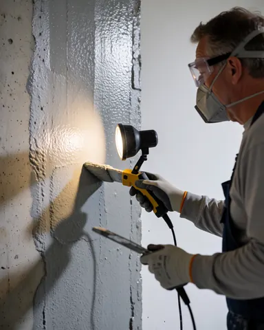 Worker wearing protective gear applies gray waterproofing material to a vertical concrete surface using a portable light during a construction service.