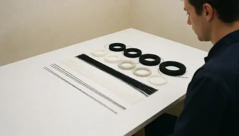 Tennis and padel strings on a white table, a professional watches from behind, beige wall, sports product for tennis instructor