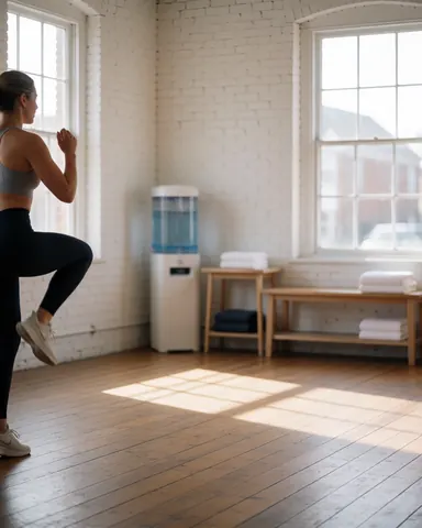 Woman in athletic wear performing high knees in a gym with wooden floor and white brick walls, natural light, space for text