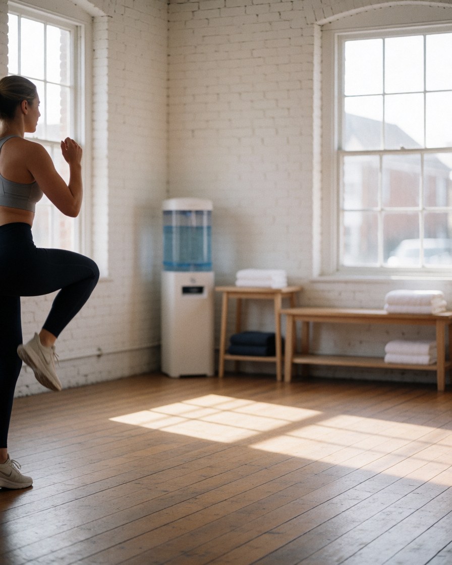 Woman in athletic wear performing high knees in a gym with wooden floor and white brick walls, natural light, space for text