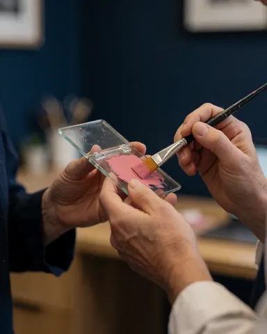 Hands mixing pink paint on a glass palette with a brush in an art workshop